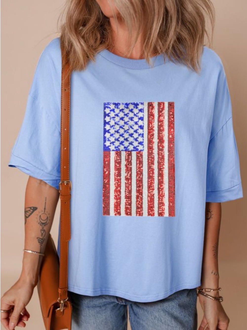 1178. Sequin USA flag short sleeve t-shirt in blue